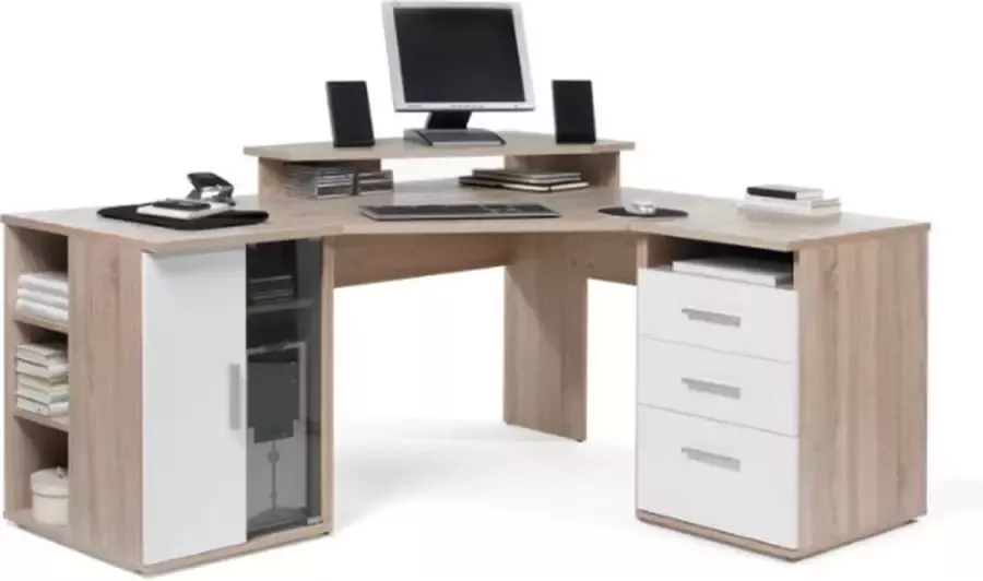 Emob Hoekbureau Efford met opbergruimte eik wit Bega Consult Computertafels Wit; Bruin Spaanplaat Computertafels Op voorraad - Foto 3