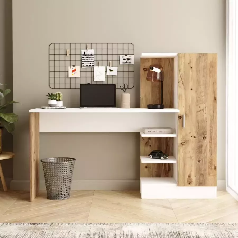 Bureau met Kast Combinatie Stijlvol Eiken & Wit Ruimtebesparend 152 3x120x40cm Duurzaam Melamine - Foto 2