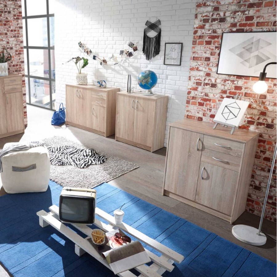 Emob Commode Ultima 74x35x86cm met 2 deuren & 2 lades sonoma eik Woonkamerkasten Bruin Spaanplaat Woonkamerkasten Op voorraad - Foto 2