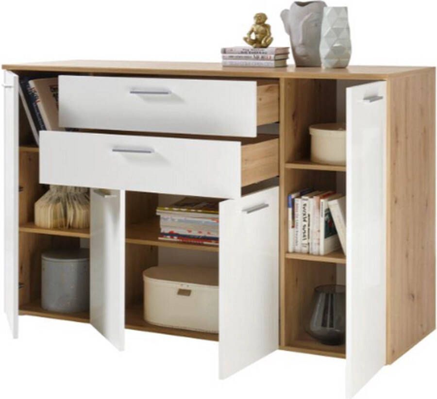 Emob Commode Lobi 4 deuren 2 lades glanzend wit hout Woonkamerkasten Wit; Hoogglans wit Spaanplaat Woonkamerkasten Op voorraad - Foto 2