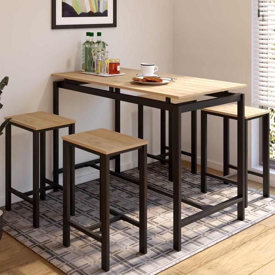 Emob Design EMOB Bartafel Joel met vier barkrukken eikdecor zwart Emob Exclusive Showroom Bruin; Zwart Metaal; Spaanplaat Showroom Op voorraad