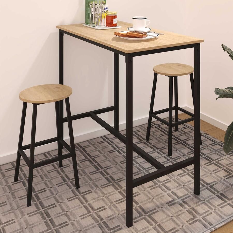 Emob Design EMOB Bartafel Reinhold met twee barkrukken eikdecor zwart Emob Exclusive Showroom Bruin; Zwart Metaal; Spaanplaat Showroom Op voorraad