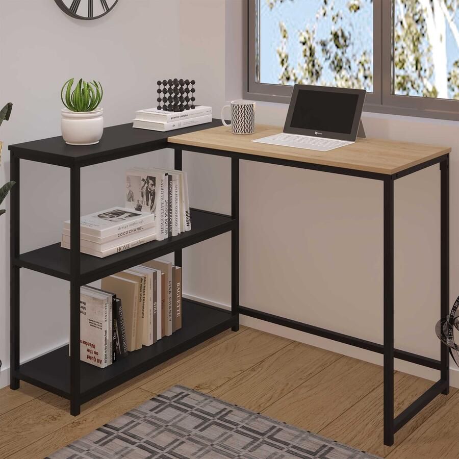 Emob Design EMOB Hoekbureau Schmitt 110x80x76cm met opbergruimte eikdecor zwart Emob Exclusive Showroom Bruin; Zwart Metaal; Spaanplaat Showroom Op voorraad