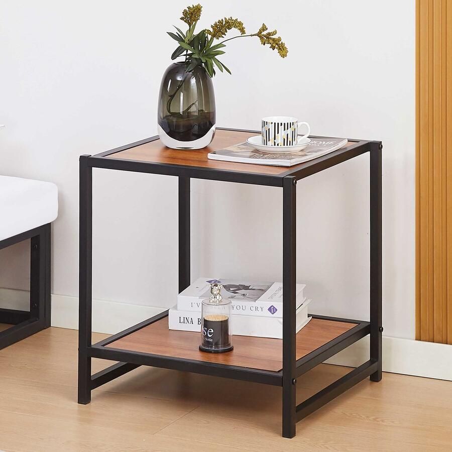 Emob Design EMOB Bijzettafeltje Marek 48x44x50cm zwart metaal walnoot Emob Exclusive Hoektafels Bruin; Zwart Metaal; Spaanplaat Hoektafels Op voorraad