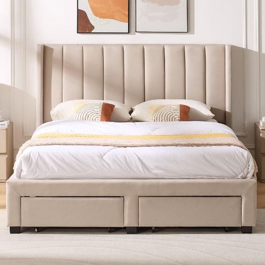 Emob Design EMOB Gestoffeerd tweepersoonsbed Wallis 140 x 200 cm Met opberglades Beige Emob Exclusive Gestoffeerde tweepersoonsbedden Beige Stof; MDF Gestoffeerde tweepersoonsbedden Tweepersoons Normaal bed Op voorraad