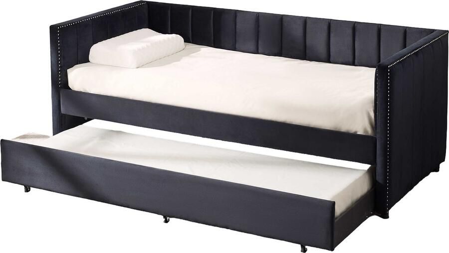 Emob Design EMOB Kajuitbed Auckland 90 x 200 cm Met onderschuifbed Zwart velours Emob Exclusive Gestoffeerde eenpersoonsbedden Zwart Velours; MDF Gestoffeerde eenpersoonsbedden Eenpersoons Normaal bed Op voorraad