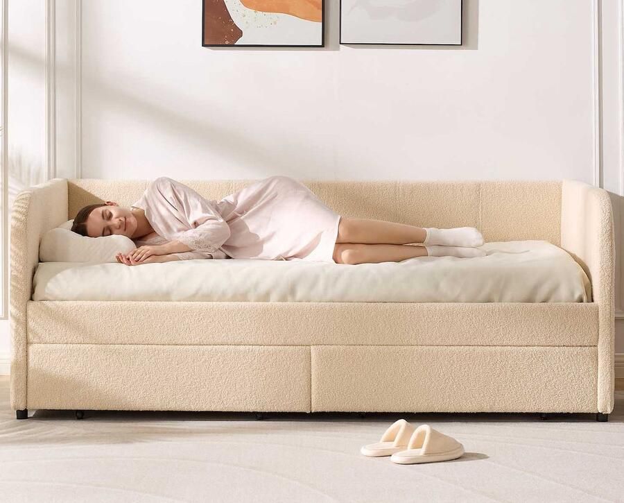 Emob Design EMOB Kajuitbed Spector 90 x 200 cm Met opberglades Beige teddystof Emob Exclusive Gestoffeerde eenpersoonsbedden Beige Stof; MDF Gestoffeerde eenpersoonsbedden Eenpersoons Normaal bed Op voorraad - Foto 3