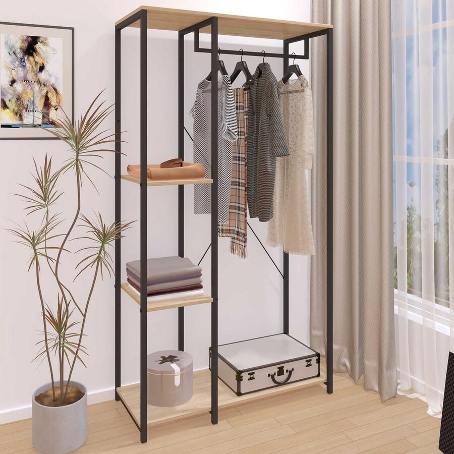 Emob Design Kledingrek Alizee 90x40x167cm met kledingroede & 2 legplanken eikdecor zwart