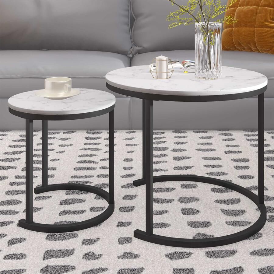 Emob Design EMOB Salontafelset Lolita Ø60x51 en Ø40x42cm marmer Emob Exclusive Hoektafels Wit; Zwart Metaal; Spaanplaat Hoektafels Op voorraad