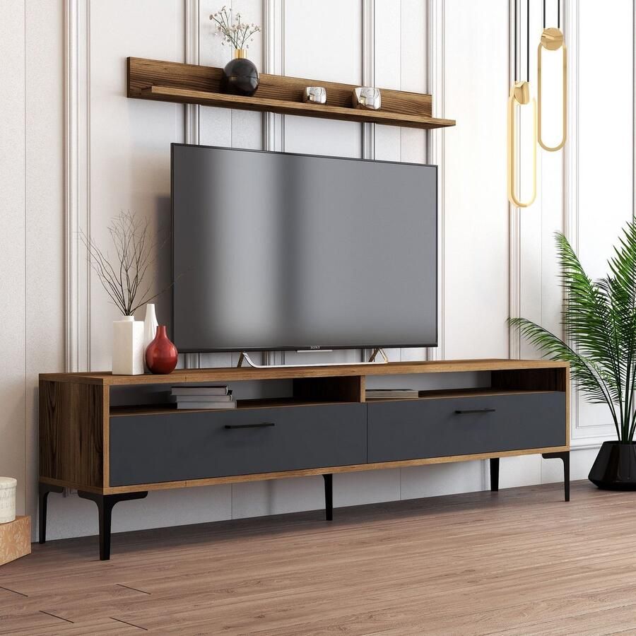 Emob 18 mm Gemelamineerd TV-meubel Woody Fashion Notelaar Antraciet Woonkamerkasten Bruin; Antraciet Melamine Woonkamerkasten Op voorraad - Foto 2