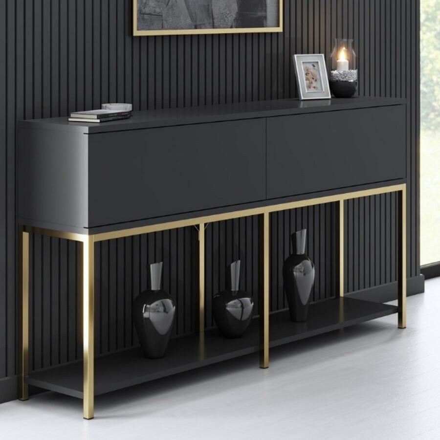 Emob 18mm Melamine Gecoat Console met Metalen Poten Woody Fashion Antraciet Goud Woonkamerkasten Antraciet Spaanplaat Woonkamerkasten Op voorraad