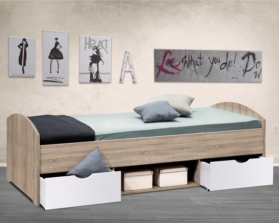 Emob Bed Nero 90x200 met 2 lades eik wit Houten kinderbedden Wit; Bruin Spaanplaat Houten kinderbedden Eenpersoons Normaal bed Op voorraad - Foto 2