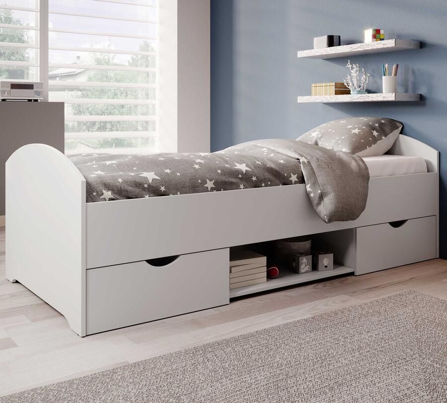 Emob Bed Nero 90x200 met 2 lades eik wit Houten kinderbedden Wit; Bruin Spaanplaat Houten kinderbedden Eenpersoons Normaal bed Op voorraad