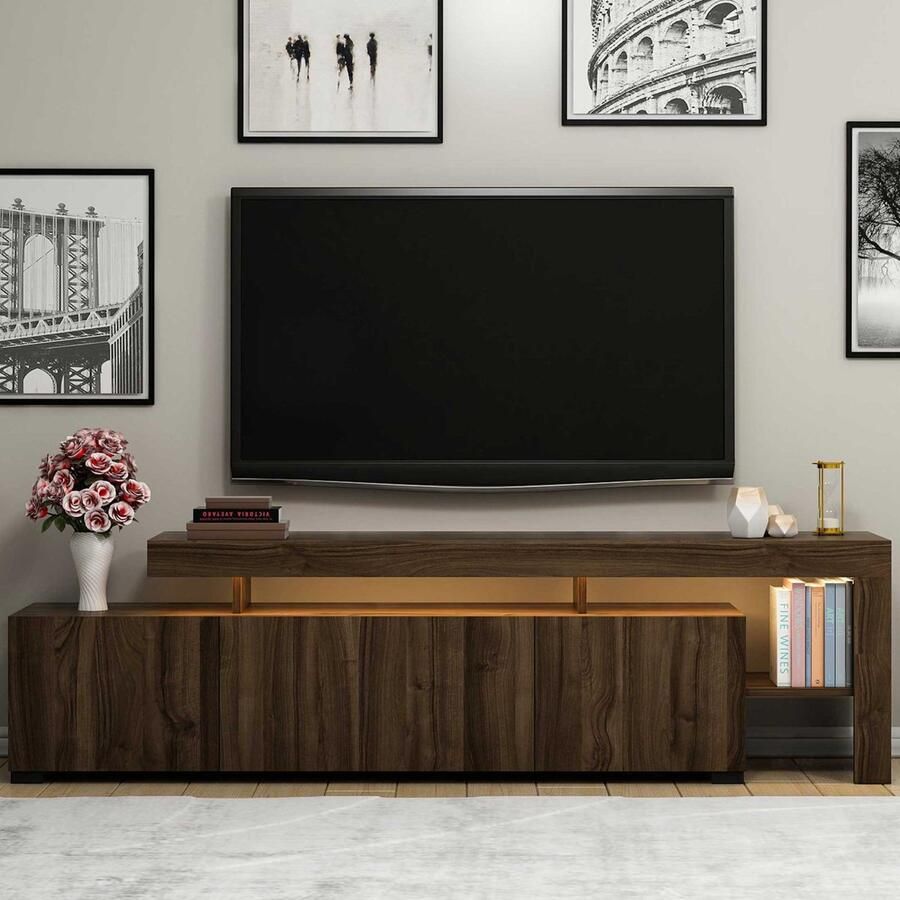 Emob Tv-meubel Tijn met led-verlichting 37x192x53 cm MDF walnoot Woonkamerkasten Bruin MDF Woonkamerkasten Op voorraad - Foto 2