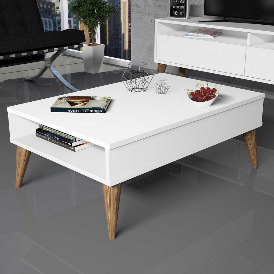 Emob Woody Fashion Salontafel Melamine Gecoat 18mm Dik 90x34cm Wit Rechthoekige salontafels Wit Melamine Rechthoekige salontafels Op voorraad