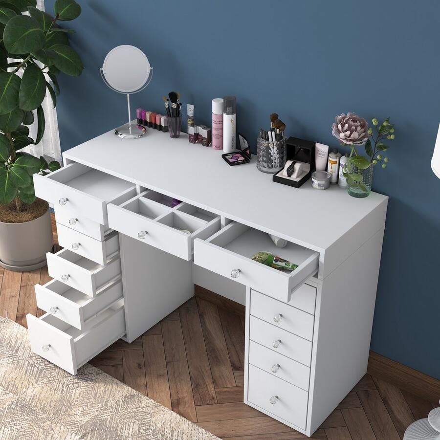 Emob Moderne Make-up tafel Woody Fashion 100% gemelamineerd E1 kwaliteit spaanplaat Verstelbare bureaus Wit Spaanplaat Verstelbare bureaus Op voorraad
