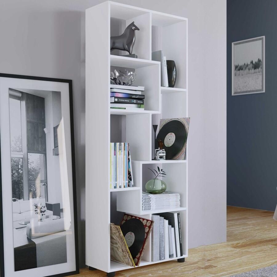 Emob Boekenkast Azira 164 cm 8 open vakken-wit Woonkamerkasten Wit Melamine; Spaanplaat Woonkamerkasten Op voorraad - Foto 2