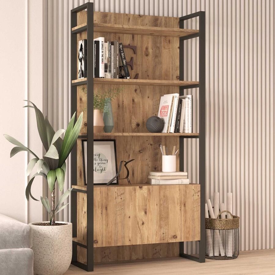 Emob Boekenplank Locelso 100% Melamine Metalen Frame Atlantisch Grenen Kantoor outlet Bruin Melamine Kantoor outlet Op voorraad - Foto 2
