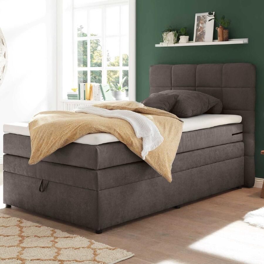 Emob Boxspring Tahoe 120x200cm met opbergruimte taupe Gestoffeerde twijfelaarbedden Taupe Textiel; Polyester Gestoffeerde twijfelaarbedden Twijfelaar (120 cm breed) Normaal bed Op voorraad - Foto 2