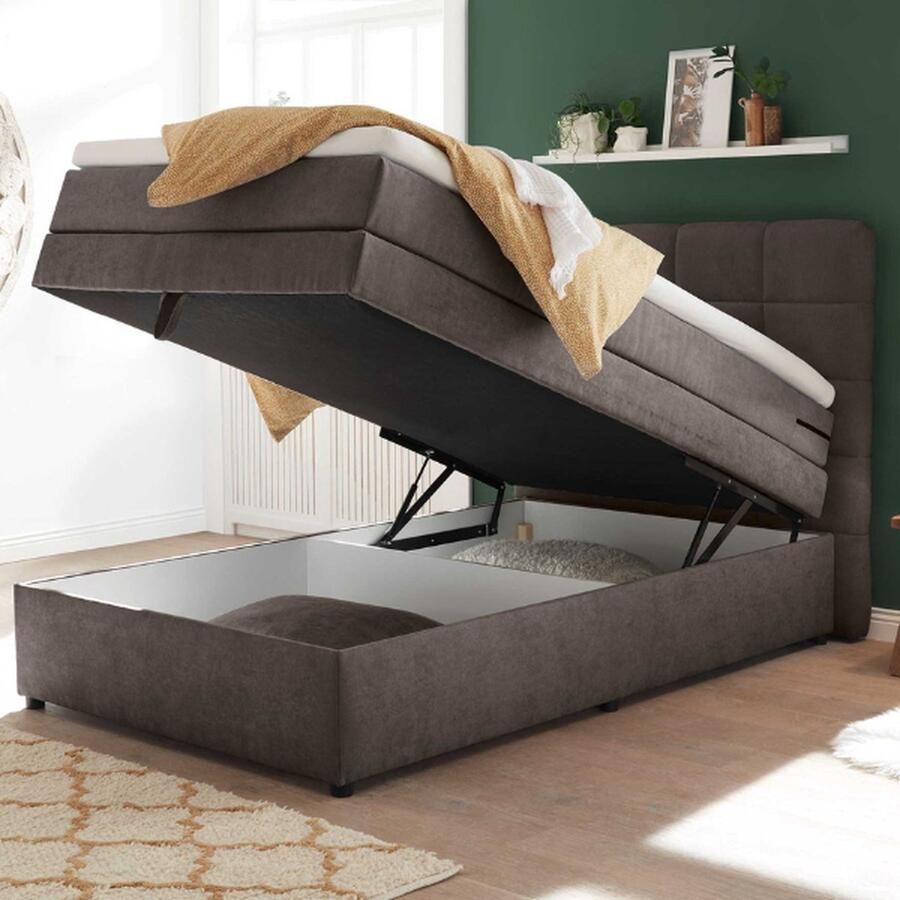 Emob Boxspring Tahoe 120x200cm met opbergruimte taupe Gestoffeerde twijfelaarbedden Taupe Textiel; Polyester Gestoffeerde twijfelaarbedden Twijfelaar (120 cm breed) Normaal bed Op voorraad