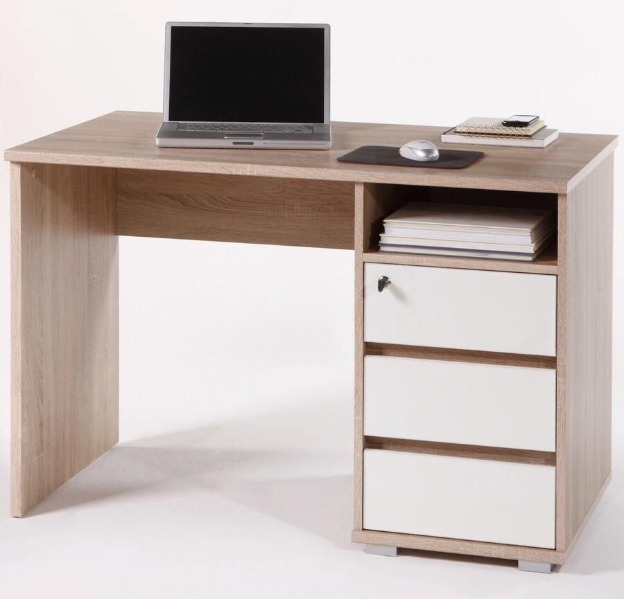 Emob Bureau Primos 110cm met 3 lades eik wit Bureaus Wit; Bruin Spaanplaat Bureaus Op voorraad