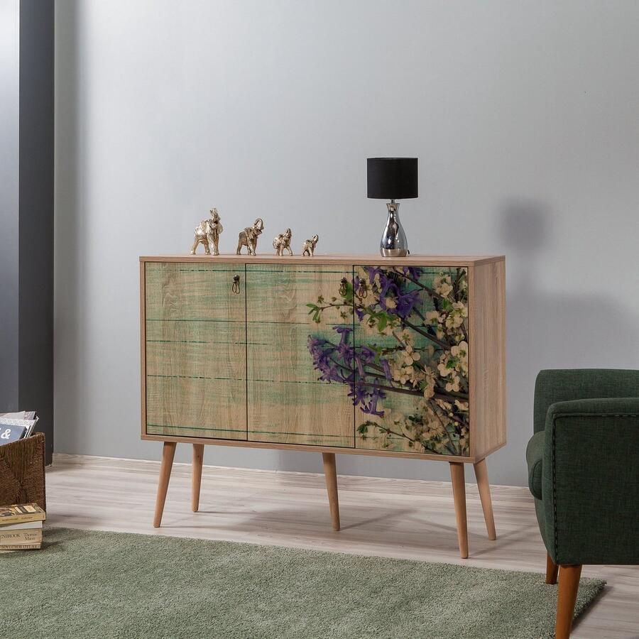 Emob Vella Console 100% Melamine Haagbeukenhouten poten Metalen en touwgrepen Woonkamerkasten Bruin; Groen Melamine Woonkamerkasten Op voorraad