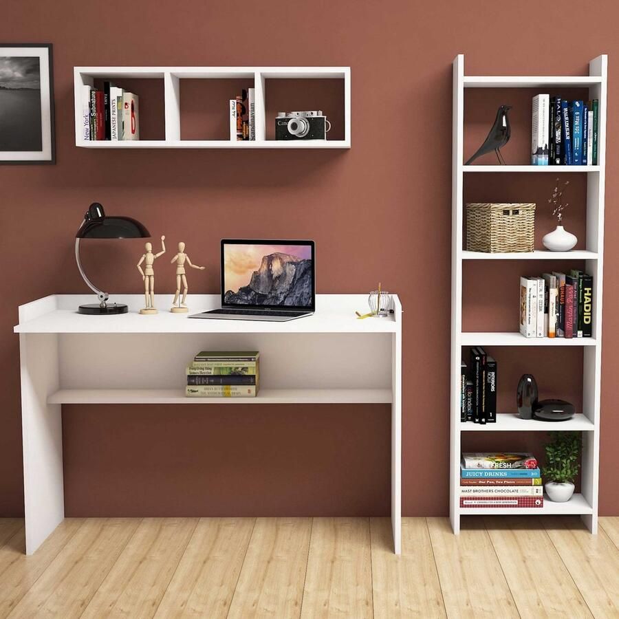 Emob Bureau en Boekenplank Combo Woody Fashion 100% Gemelamineerd 118x80x58 cm Wit Kantoor outlet Wit MDF Kantoor outlet Op voorraad