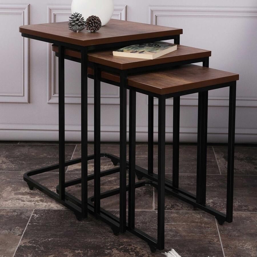 Emob Woody Fashion Nesting Table Set Metalen frame (drie stuks) Hoektafels Bruin MDF Hoektafels Op voorraad