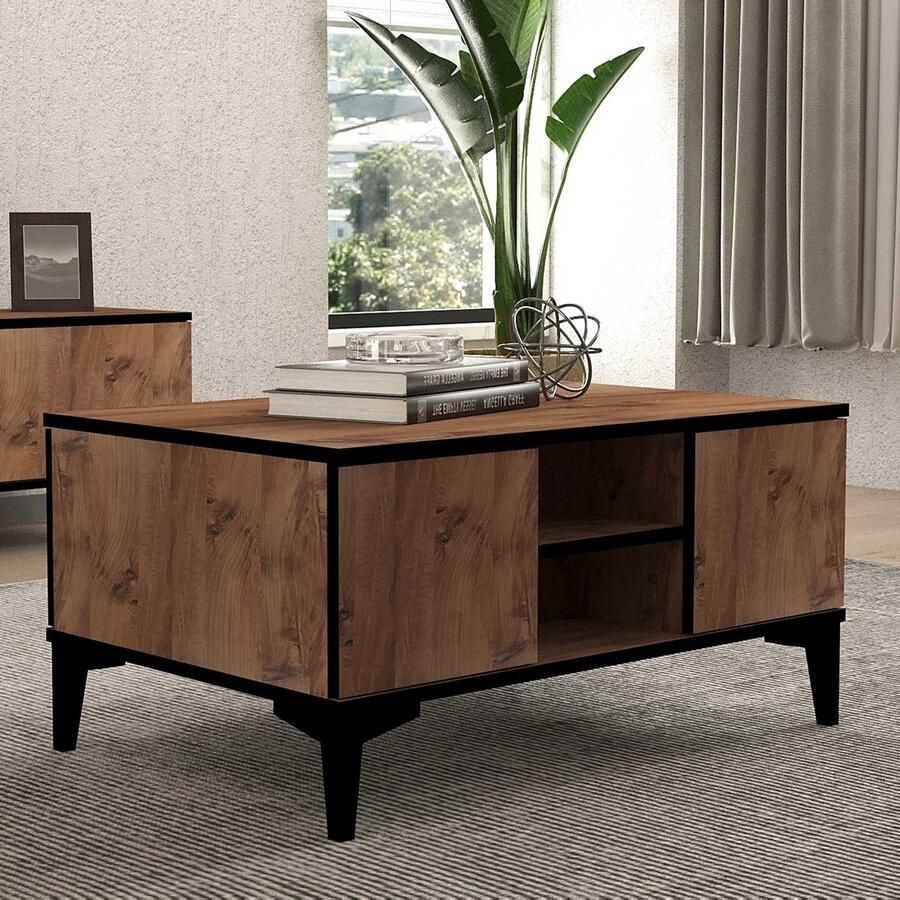 Emob Woody Fashion Salontafel Melamine Gecoat 18mm 90x45x60cm Plastic Poot Atlantic Pine Zwart Rechthoekige salontafels Bruin Spaanplaat Rechthoekige salontafels Op voorraad