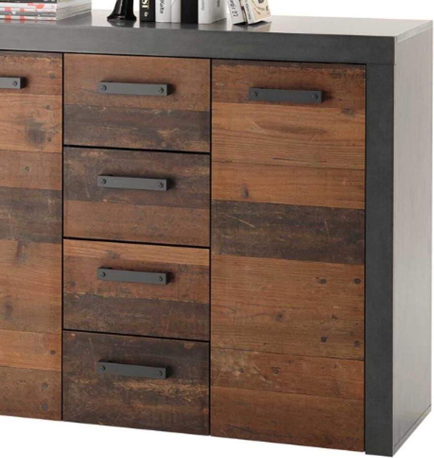 Emob Commode Tarma 3 deuren 4 lades antraciet oud hout Woonkamerkasten Bruin; Antraciet Spaanplaat Woonkamerkasten Op voorraad - Foto 2