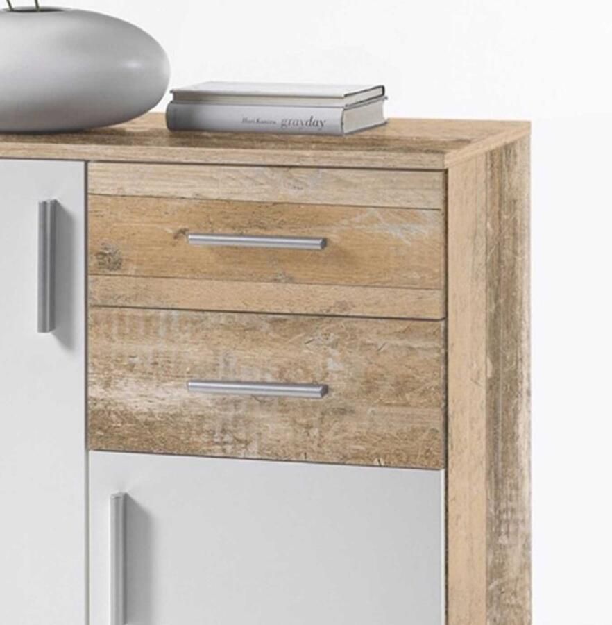 Emob Commode Debby 2 deuren en 2 lades wit sonoma eik Woonkamerkasten Wit; Bruin Spaanplaat Woonkamerkasten Op voorraad - Foto 4