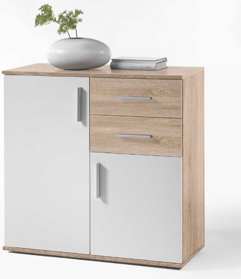 Emob Commode Debby 2 deuren en 2 lades wit sonoma eik Woonkamerkasten Wit; Bruin Spaanplaat Woonkamerkasten Op voorraad - Foto 6