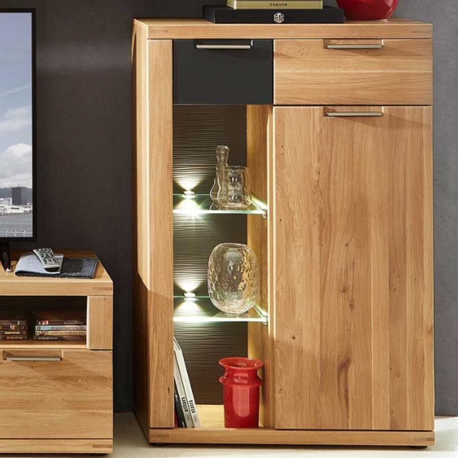Emob Commode Blanka 80cm 1 deur & 2 lades eik antraciet Woonkamerkasten Bruin MDF; Spaanplaat; Glas Woonkamerkasten Op voorraad - Foto 3