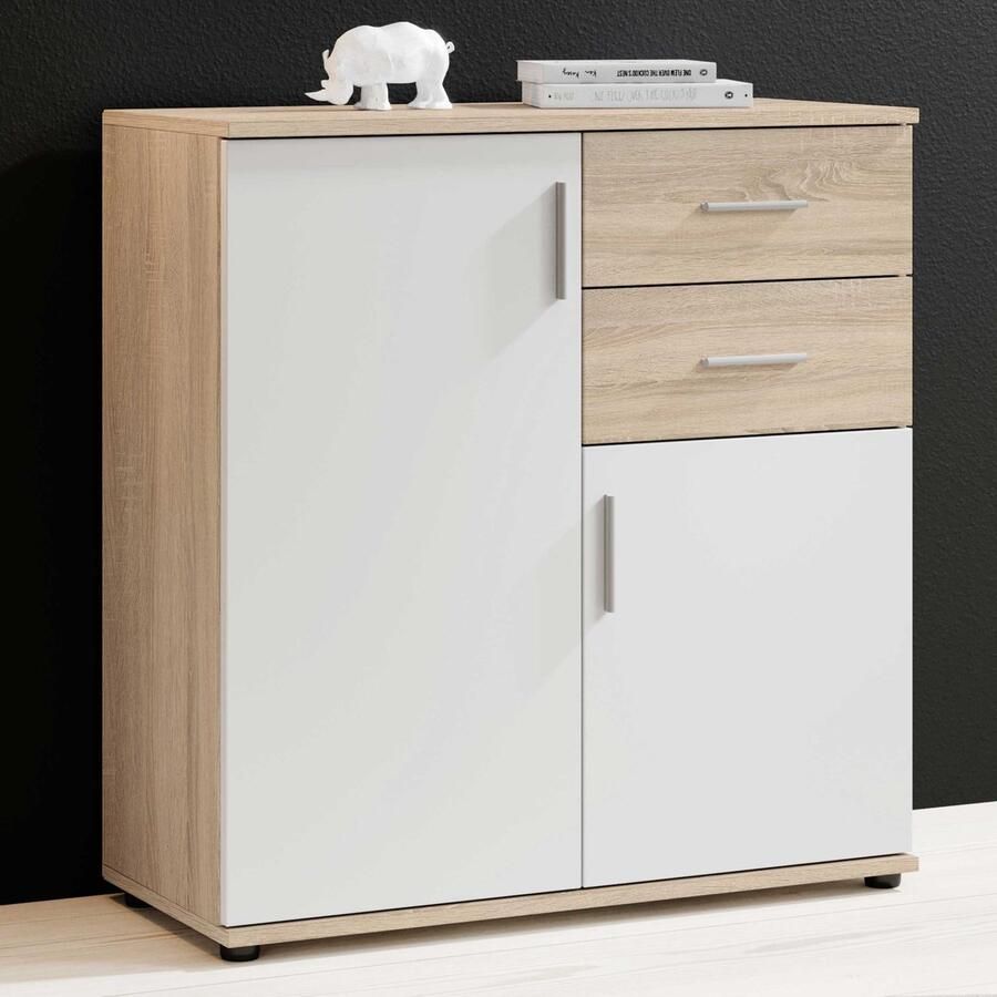 Emob Commode Debby 2 deuren en 2 lades wit sonoma eik Woonkamerkasten Wit; Bruin Spaanplaat Woonkamerkasten Op voorraad - Foto 2
