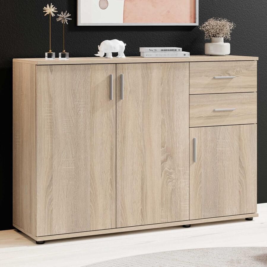 Emob Commode Debby 3 deuren en 2 lades eik Woonkamerkasten Bruin Spaanplaat Woonkamerkasten Op voorraad