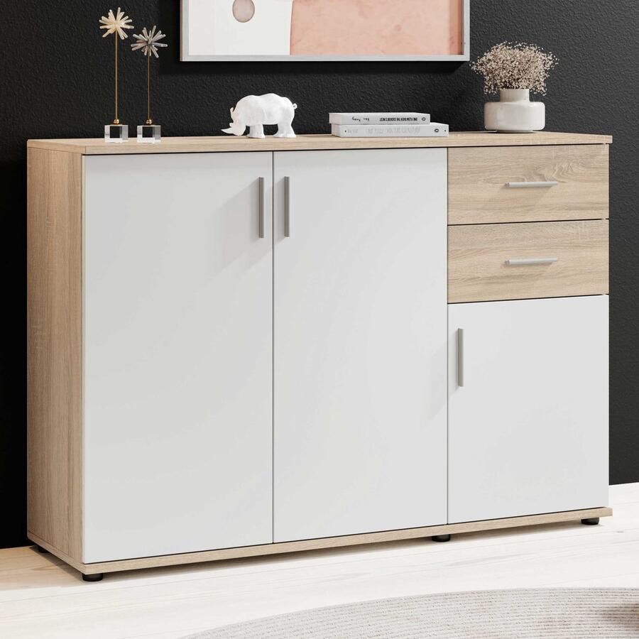 Emob Commode Debby 3 deuren en 2 lades wit eik Bega Consult Woonkamerkasten Wit; Bruin Spaanplaat Woonkamerkasten Op voorraad - Foto 2