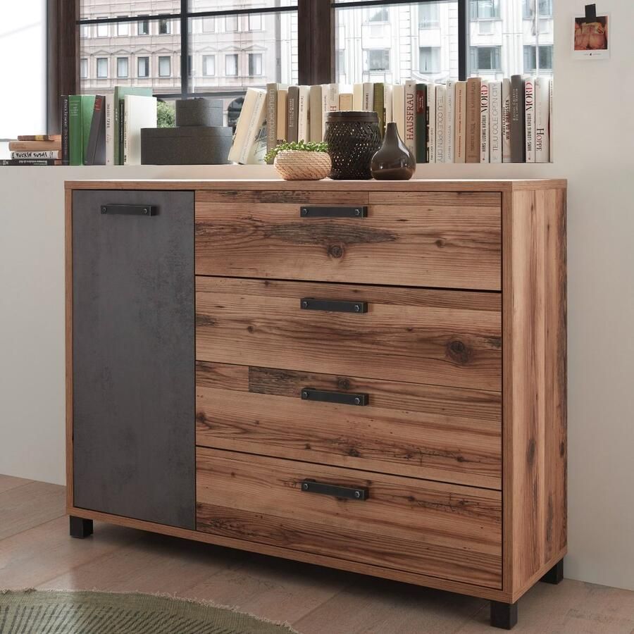 Emob Commode Kalas 125cm met 1 deur & 4 lades bruin grijs Woonkamerkasten Bruin; Betonlook Spaanplaat Woonkamerkasten Op voorraad