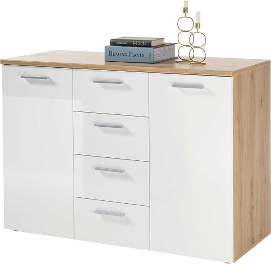 Emob Commode Lobi 2 deuren 4 lades glanzend wit hout Woonkamerkasten Wit; Hoogglans wit Spaanplaat Woonkamerkasten Op voorraad