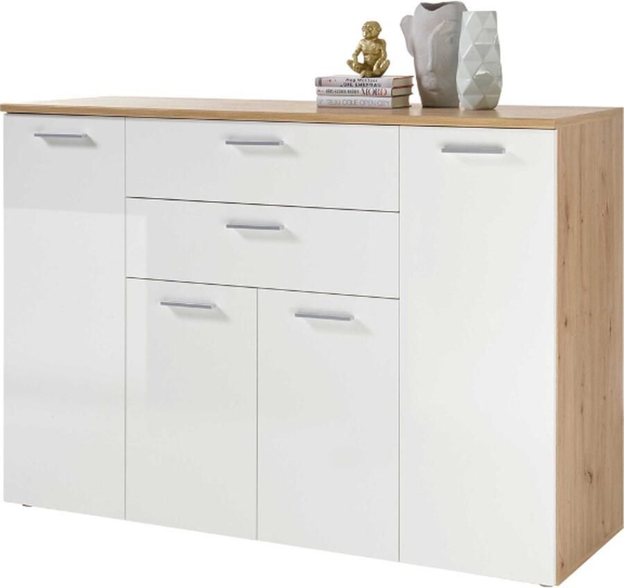 Emob Commode Lobi 4 deuren 2 lades glanzend wit hout Woonkamerkasten Wit; Hoogglans wit Spaanplaat Woonkamerkasten Op voorraad