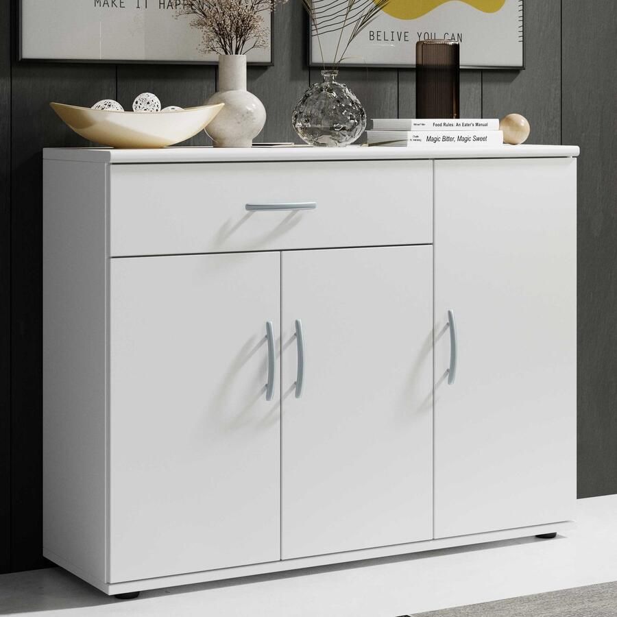 Emob Commode Viviane 90cm met 3 deuren & 1 lade wit Woonkamerkasten Wit Spaanplaat Woonkamerkasten Op voorraad