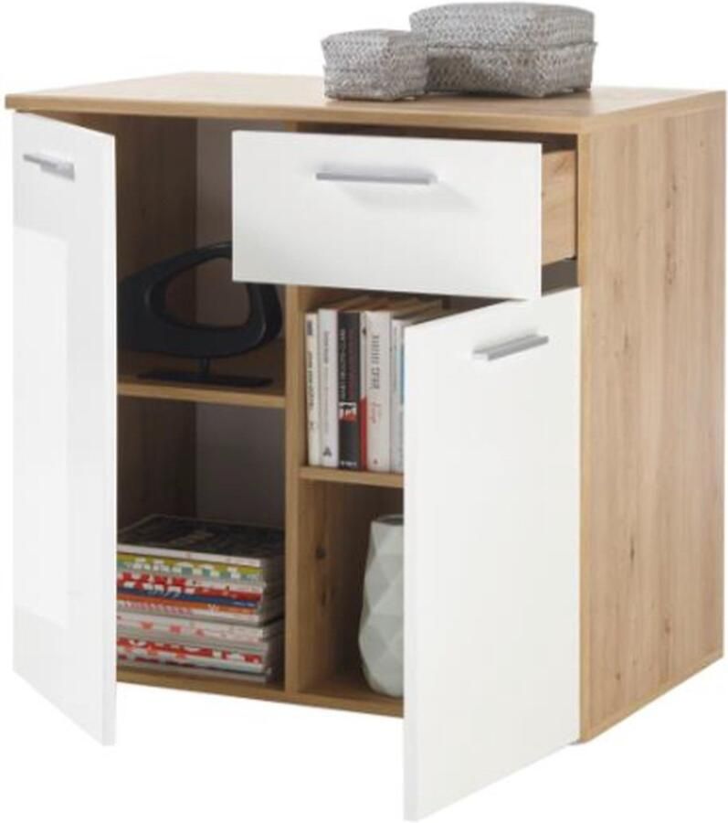 Emob Commode Lobi 2 deuren 1 lade glanzend wit hout Woonkamerkasten Wit; Bruin; Hoogglans wit Spaanplaat Woonkamerkasten Op voorraad