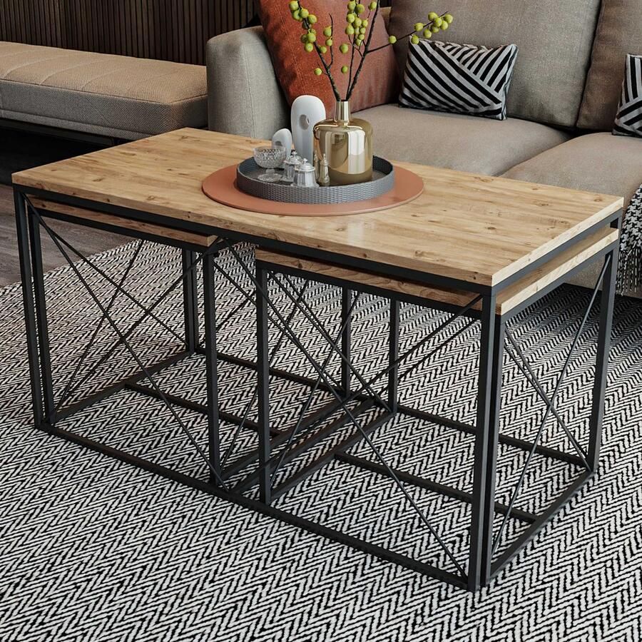 Emob Stijlvolle Woody Fashion koffieset met metalen poten Atlantic Pine Zwart 3-delige salontafelsets Bruin Metaal; Spaanplaat 3-delige salontafelsets Op voorraad