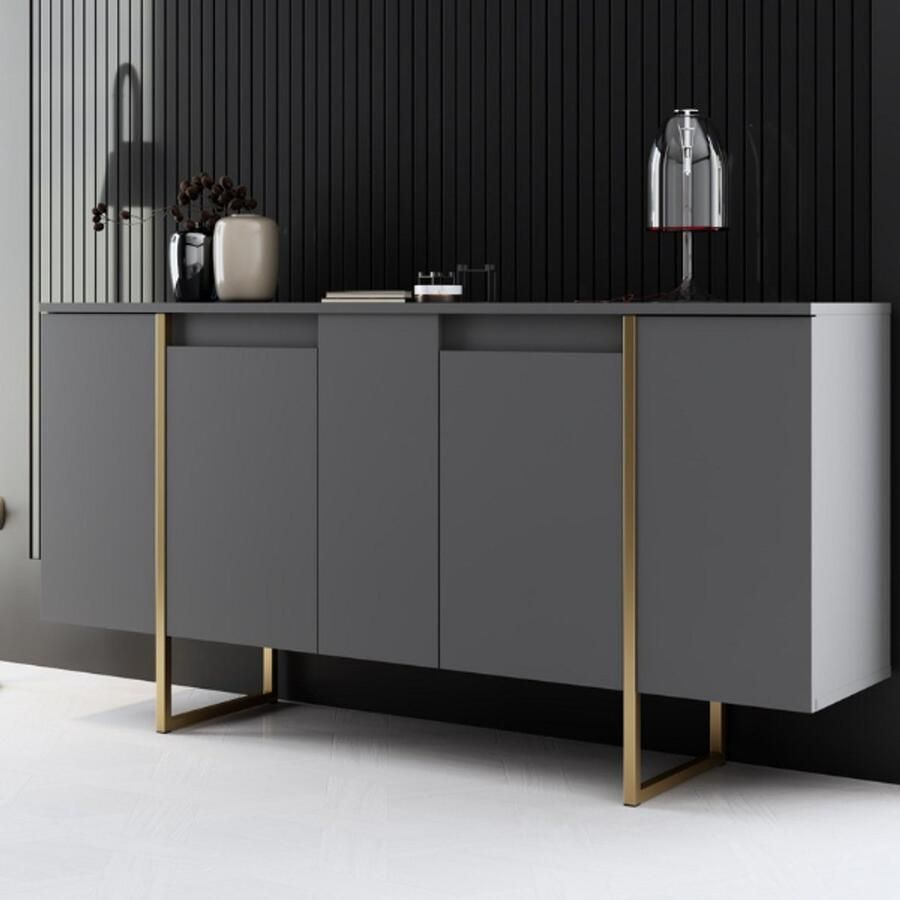 Emob Dressoir Woody Fashion 160 x 35 x 80 cm Walnut Gold-design Woonkamerkasten Goud Melamine; MDF; Spaanplaat Woonkamerkasten Op voorraad - Foto 2