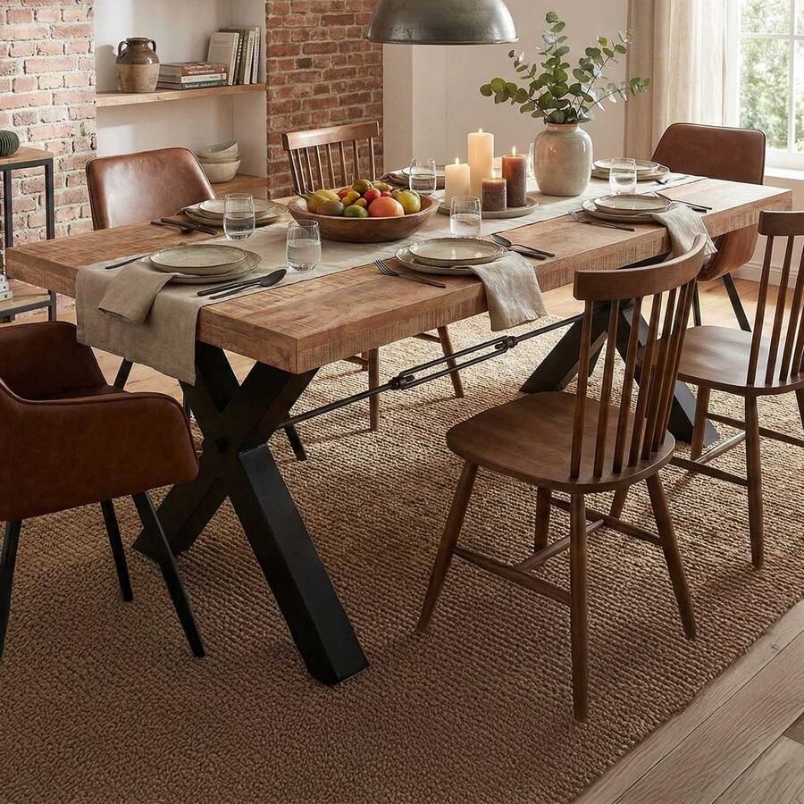 Emob Eettafel Mares rechthoekig 200cm mangohout Eettafels outlet Bruin; Zwart Hout; Metaal Eettafels outlet Op voorraad