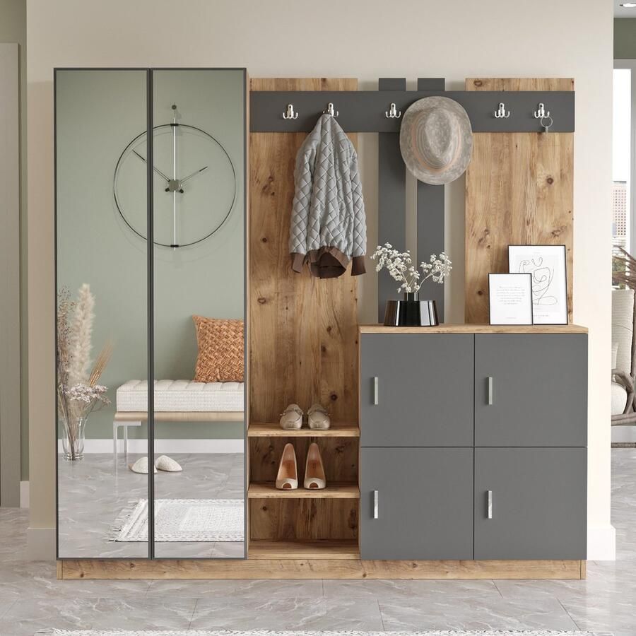 Emob Elegante kapstok met ruimtebesparende opbergruimte 100% gemelamineerd Atlantic Pine Antraciet Halkasten Bruin; Antraciet Melamine; Spaanplaat Halkasten Op voorraad