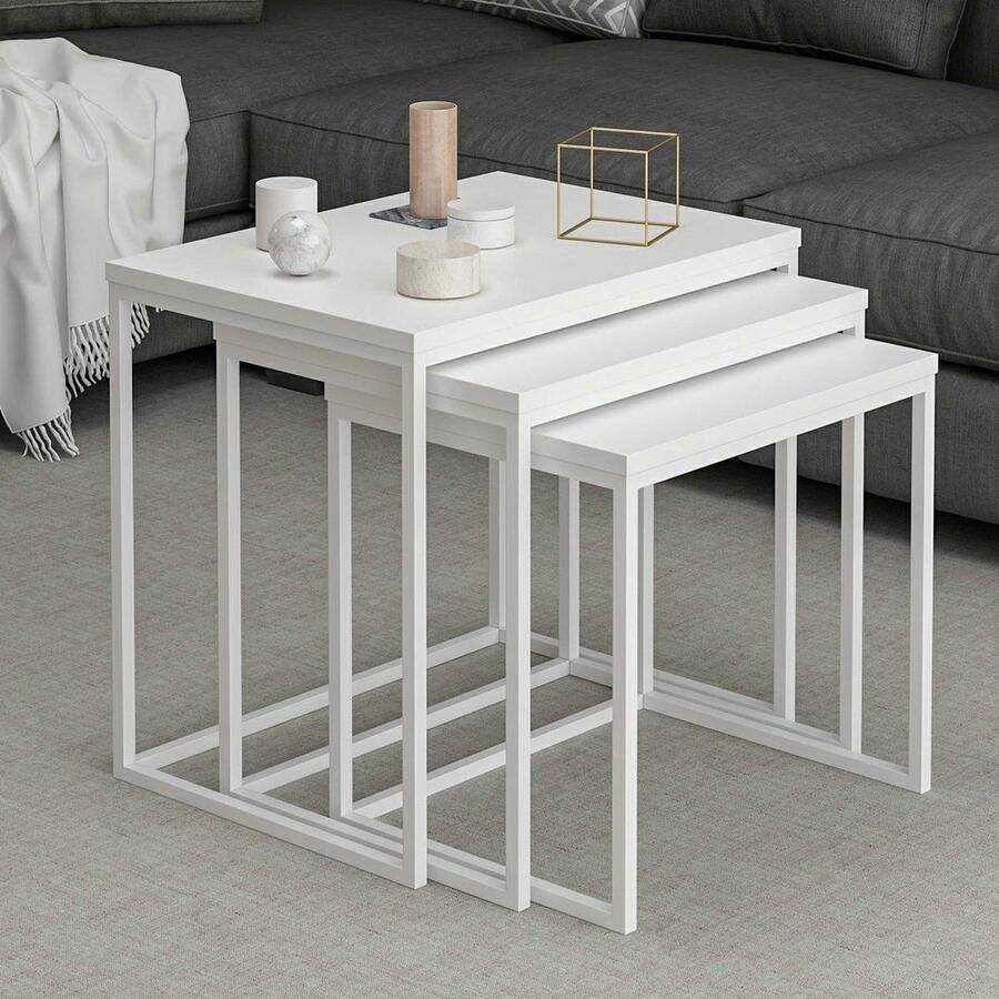 Emob Woody Fashion Nesting Table Set 3-Delig Melamine Gecoat Metalen Frame Wit Hoektafels Wit Melamine Hoektafels Op voorraad