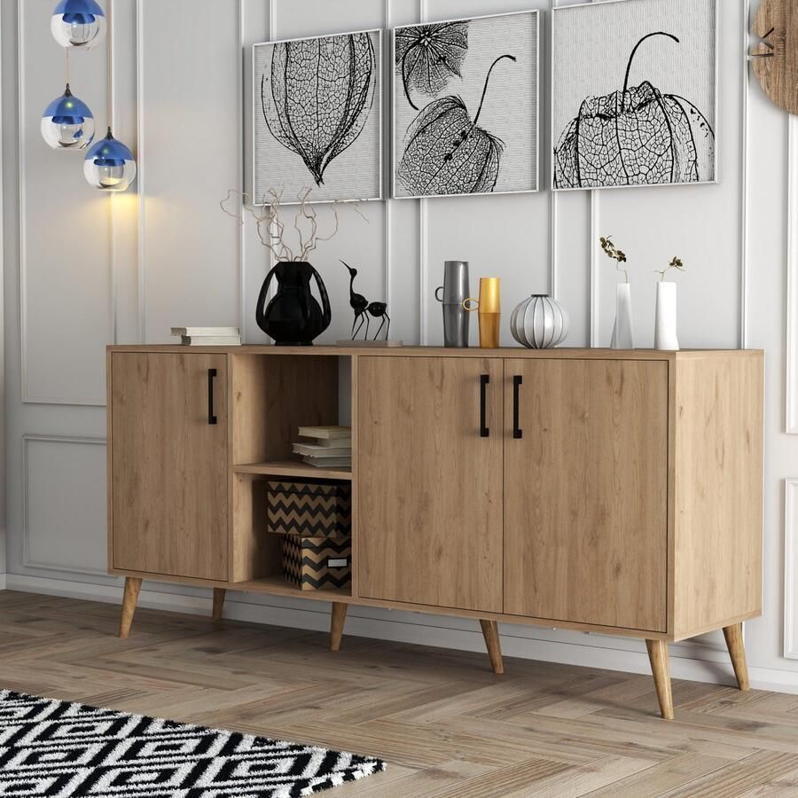 Emob Woody Commode 100% Gemelamineerd Eiken 180x80x45 cm Woonkamerkasten Bruin Melamine; Spaanplaat Woonkamerkasten Op voorraad