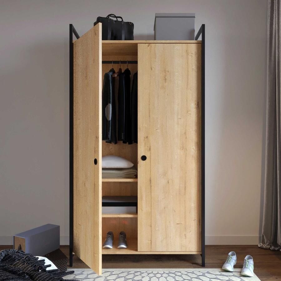 Emob Garderobekast Woody Fashion 100 x 40 x 180 cm Oak-design Slaapkamerkasten Bruin Melamine; MDF Slaapkamerkasten Op voorraad