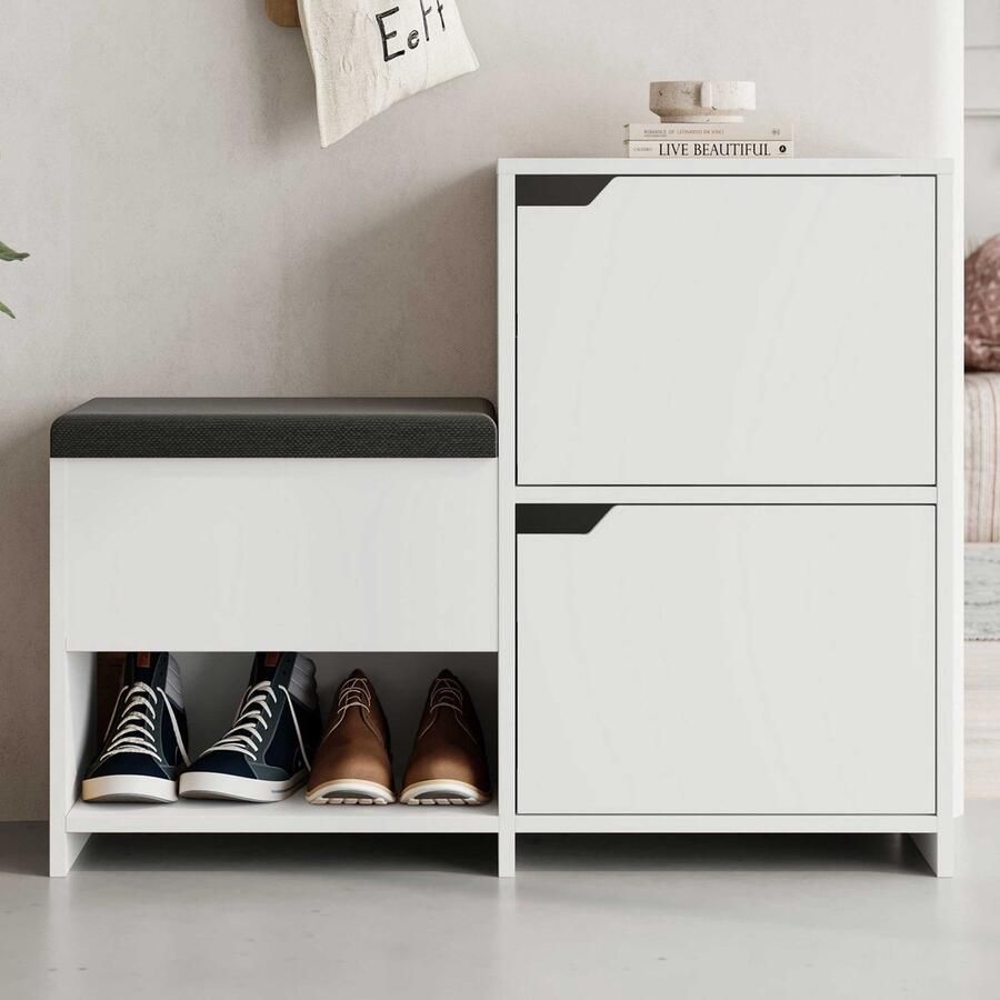 Emob Haven Shoe Bench Schoenenkast 100% MELAMINE Wit Schoenenkasten outlet Wit Melamine; MDF Schoenenkasten outlet Op voorraad