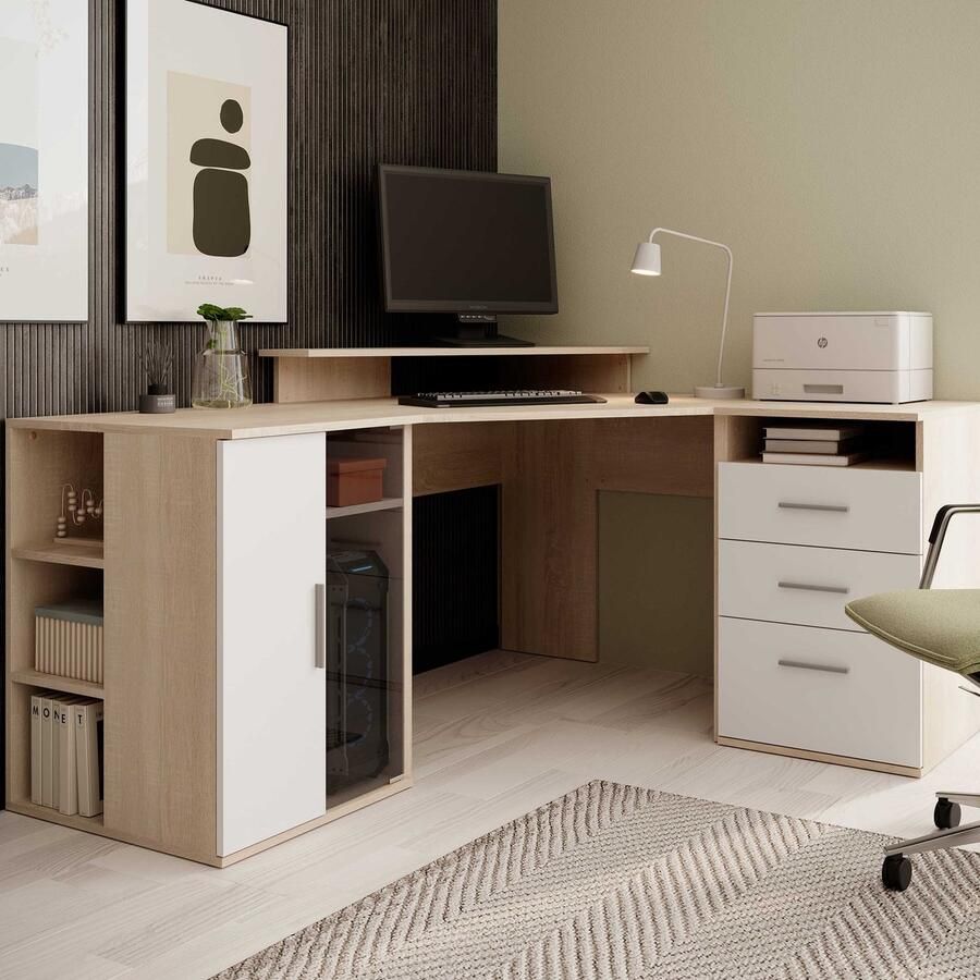 Emob Hoekbureau Efford met opbergruimte eik wit Bega Consult Computertafels Wit; Bruin Spaanplaat Computertafels Op voorraad